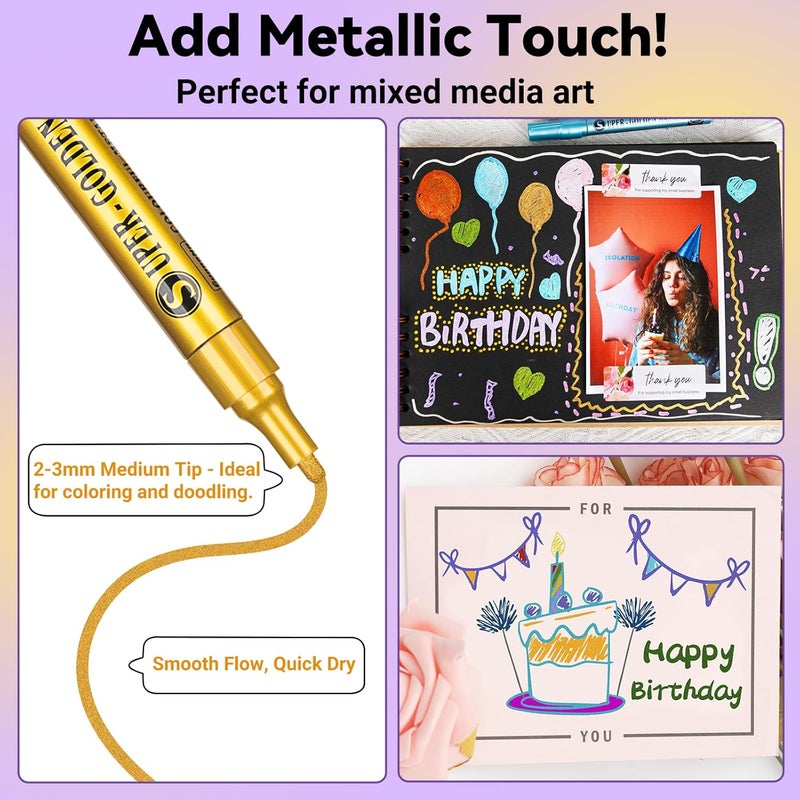 SAKEYR Super Golden Metallic Paint Markers, 18 Colors Sparkle Metallic Glitter Markers, Acrylic Paint Pens for Rock Painting, Glass, Wood, Fabric, Black Paper, Cards, Scrapbook, DIY Art Crafts (2-3mm) - Image 5